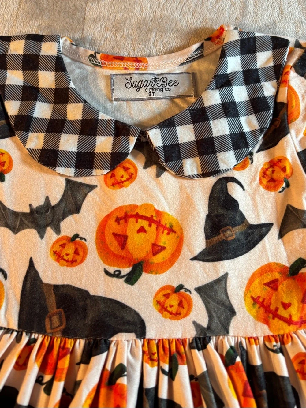 Girls' Orange Pumpkin Halloween Dress with Black Gingham Trim